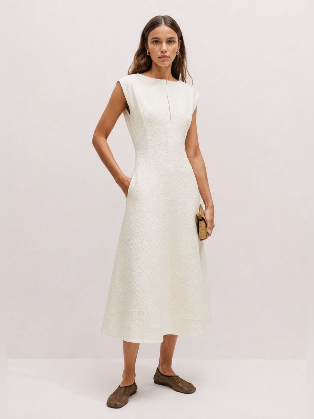 ME+EM NWT Floral Textured Midi Dress Jacquard Jersey Cream Career Effortless
